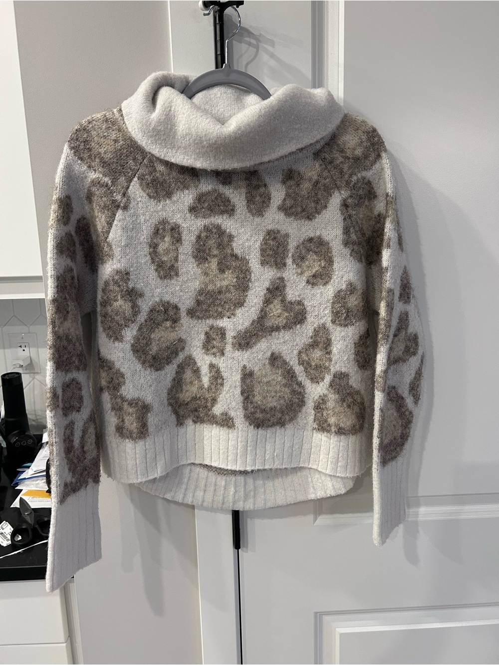 RD Style Cream Leopard Print Cowl Neck Sweater Pullover Knit Top Cozy Roomy Fit